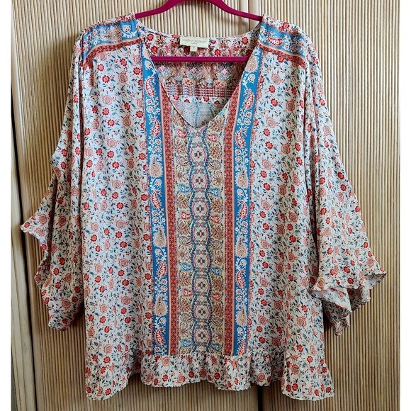 Cynthia Rowley Women's Top Size 1X Boho Floral Peasant 3/4 Sleeve Ruffle EUC - Picture 1 of 7